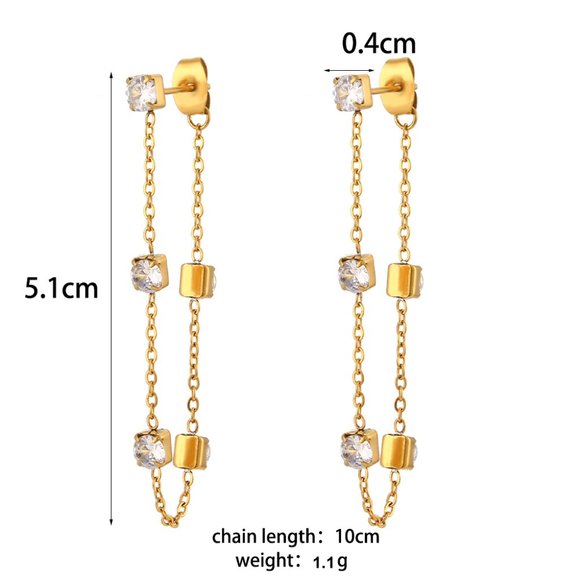 18K Gold Plated Chic Geometric Zircon Chain Drop Earrings Stainless Steel - Picture 7 of 9